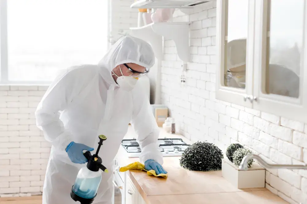 Un técnico aplicando un tratamiento para eliminar insectos como cucarachas.
